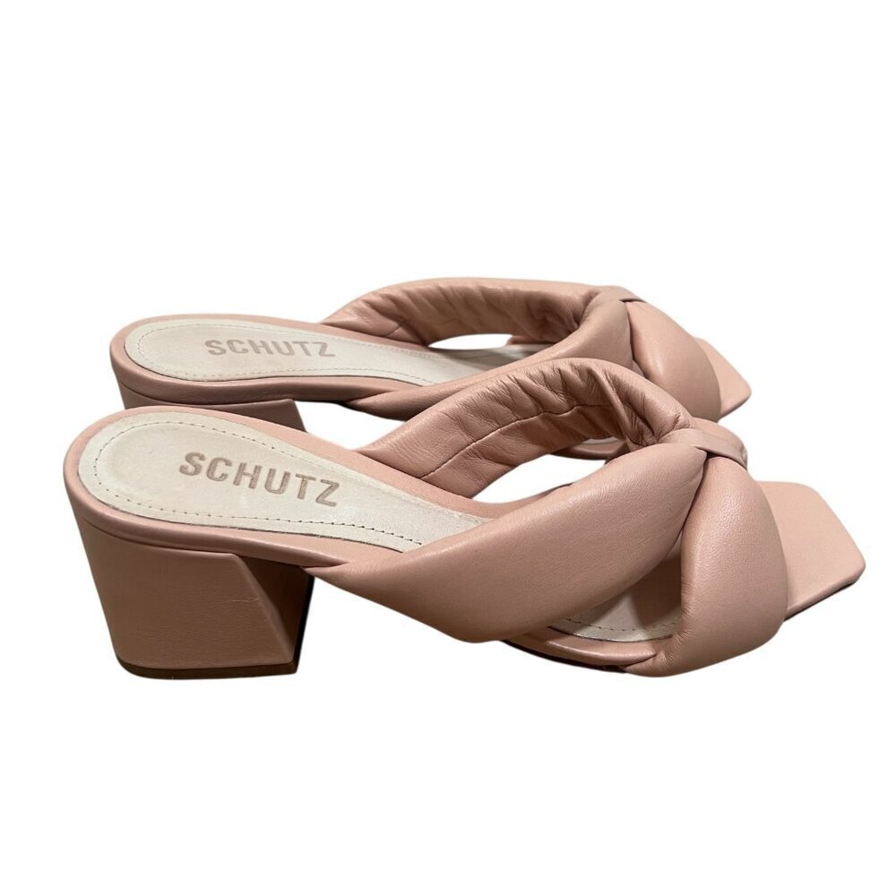 Schutz Fairy Puffy Mule High Heel Leather Sandal Size 6.5 B Pink Open Toe - Picture 6 of 8